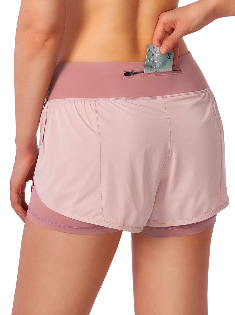 Soothfeel Women's 2 in 1 Running Shorts Workout Athletic Gym Yoga Shorts for Women with Phone Pockets Pink - Image 2